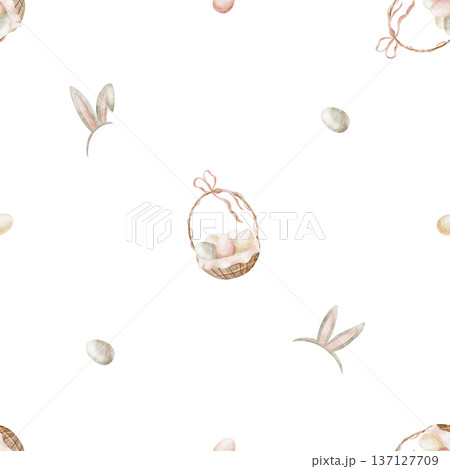 Easter egg pattern in basket with bunny ears. Watercolor illustrations in children's style. Seamless hand-drawn print on an isolated background for textiles, fabrics, clothing, wallpaper, packaging 137127709