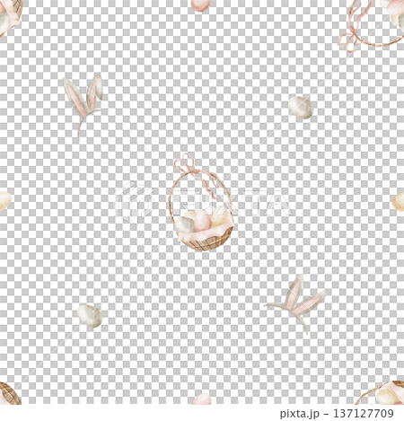 Easter egg pattern in basket with bunny ears. Watercolor illustrations in children's style. Seamless hand-drawn print on an isolated background for textiles, fabrics, clothing, wallpaper, packaging 137127709
