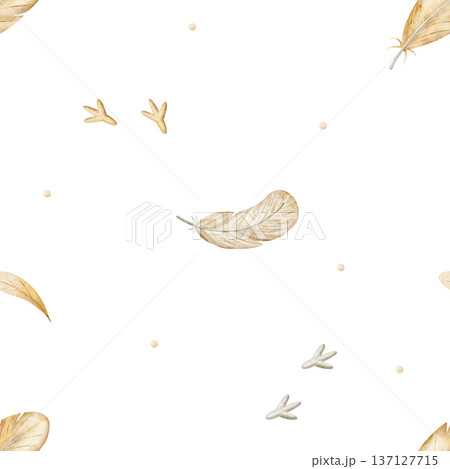 Pattern bird feathers, chicken footprints. Watercolor illustrations in children's Easter style. Seamless print, hand-drawn on an isolated background for textiles, fabrics, clothing wallpaper packaging 137127715