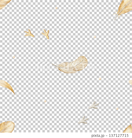 Pattern bird feathers, chicken footprints. Watercolor illustrations in children's Easter style. Seamless print, hand-drawn on an isolated background for textiles, fabrics, clothing wallpaper packaging 137127715