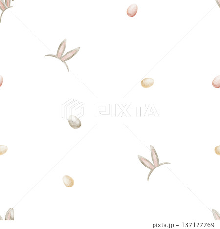 Bunny ears pattern with colorful Easter eggs. Watercolor illustrations of holiday attributes in childish style. Seamless hand-drawn print on isolated background for textiles fabrics clothing packaging 137127769