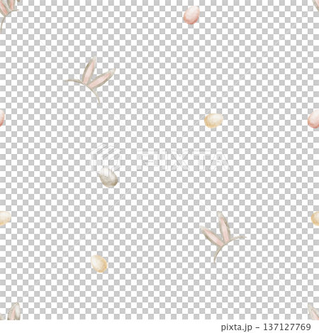 Bunny ears pattern with colorful Easter eggs. Watercolor illustrations of holiday attributes in childish style. Seamless hand-drawn print on isolated background for textiles fabrics clothing packaging 137127769