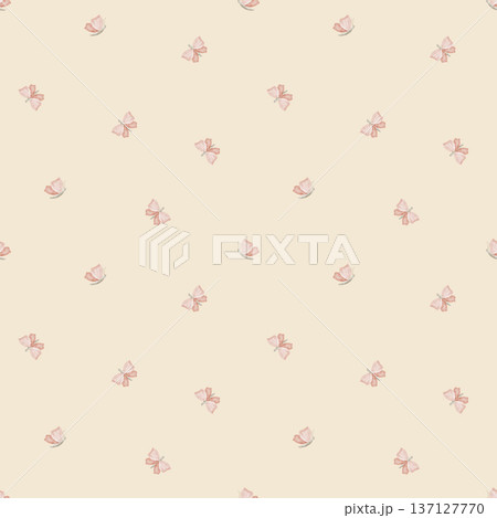 Pattern pink butterflies flying chaotically. Watercolor illustrations in children's style. Seamless spring summer print, hand-drawn on beige background for textile design fabrics clothing wallpaper 137127770