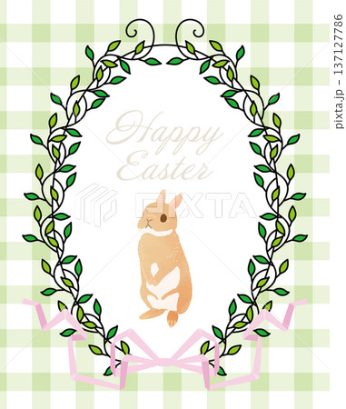 イースターのうさぎと新緑のリーフフレーム:緑のチェック柄背景イラスト イースターのうさぎと新緑のリーフフレーム:緑のチェック柄背景イラスト 137127786