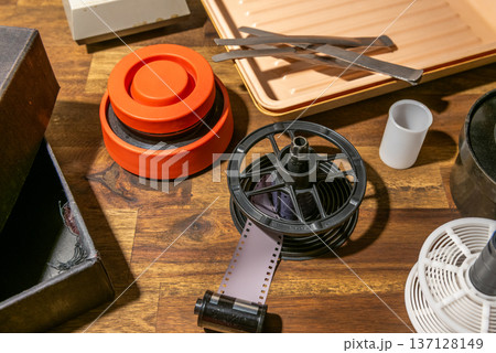 Equipment for analog photography, developing tray and film roll. Equipment for analog photography, developing tray and film roll. 137128149