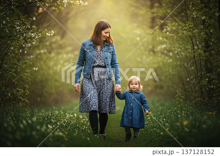 Mother Child Spring Along Forest Nature Walking and Outdoor Family Mother Child Spring Along Forest Nature Walking and Outdoor Family 137128152