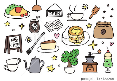 カフェでのランチやティータイムをイメージしたイラストセット 137128206