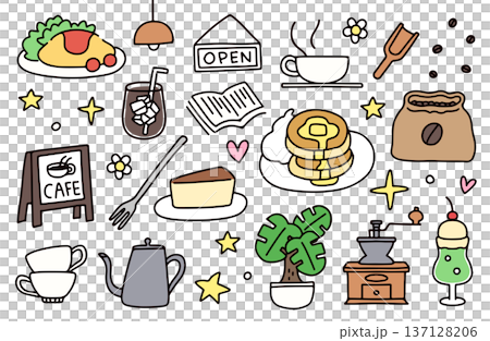 一組描繪咖啡館午餐和下午茶時光的插圖 137128206
