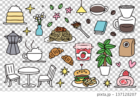 一組以咖啡館為靈感，描繪食物和物品的插圖 137128207