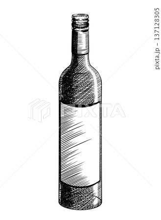 Black and white vector illustration of a closed glass wine and champagne bottle, isolated. Hand-drawn in ink style. The vintage engraving style is used for wineries, special events, and restaurant Black and white vector illustration of a closed glass wine and champagne bottle, isolated. Hand-drawn in ink style. The vintage engraving style is used for wineries, special events, and restaurant 137128305