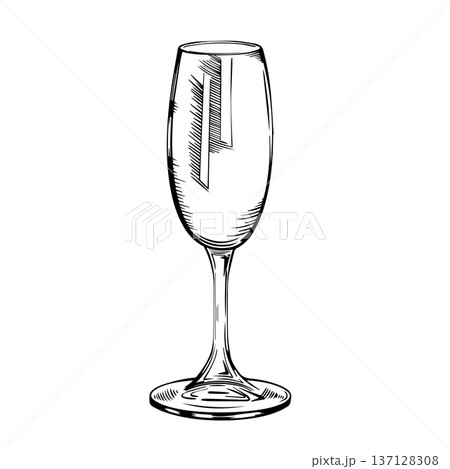 Black and white vector illustration of a wine or Black and white vector illustration of a wine glass, isolated. Hand-drawn ink line-art. This alcoholic beverage glass is used for winemaking 137128308