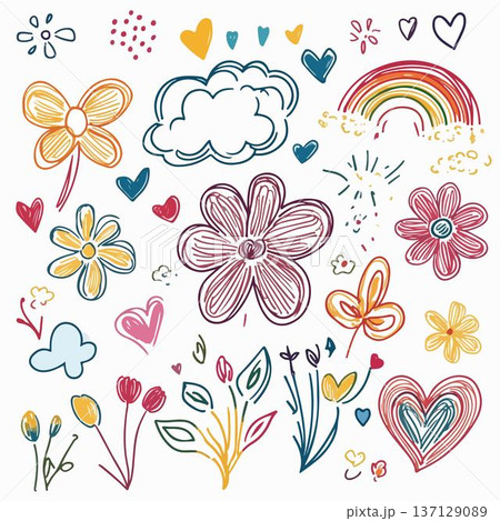Vibrant doodles of flowers, hearts, and clouds for various designs. 137129089