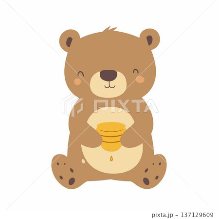 Cute bear character with honey pots, perfect for childrens designs. 137129609