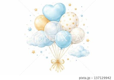Watercolor illustration of baby shower balloons and clouds with stars on white background. concept of celebration, party decor, baby shower theme 137129942