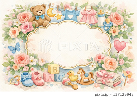 Watercolor baby shower floral frame with newborn toys and blank label for text. Concept of greeting card template, nursery decoration, maternity celebration illustration, white background 137129945