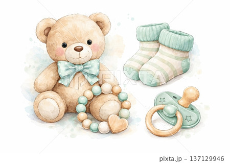 SET - Watercolor baby shower illustration of toy bear with pacifier, socks, and teething ring on white background. concept of newborn gift, baby celebration, cute decor SET - Watercolor baby shower illustration of toy bear with pacifier, socks, and teething ring on white background. concept of newborn gift, baby celebration, cute decor 137129946