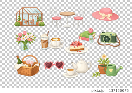 PNG cozy cafe garden set with greenhouse, coffee, flowers, picnic basket and camera isolated on transparent background. Concept of spring lifestyle, romantic date, outdoor leisure clip art collection 137130076