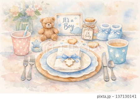 Watercolor baby shower table setting with bear, cupcakes, and gifts celebrating a baby boy. concept of festive celebration, baby announcement, party supplies Watercolor baby shower table setting with bear, cupcakes, and gifts celebrating a baby boy. concept of festive celebration, baby announcement, party supplies 137130141