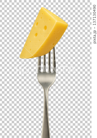 Png slice of yellow cheese on a fork isolated on transparent background. concept of dairy product, food design, culinary element, cheese presentation, delicious snack. 137130490