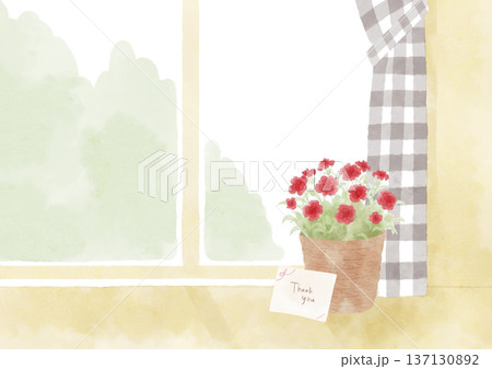窓辺に置いた バスケットに入ったカーネーションの鉢植えのイラスト　メッセージカード付き　横　水彩風 137130892