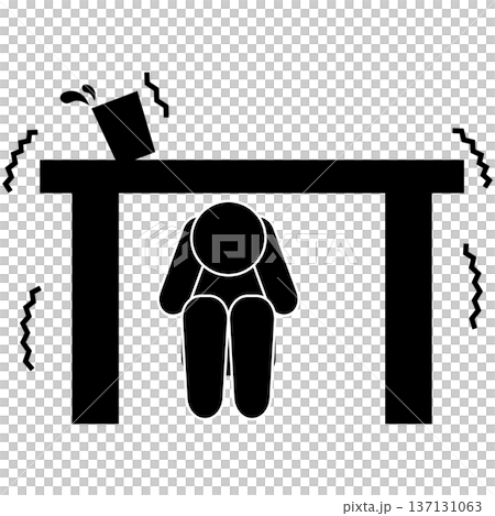 Pictogram of a person hiding under a desk during an earthquake Pictogram of a person hiding under a desk during an earthquake 137131063