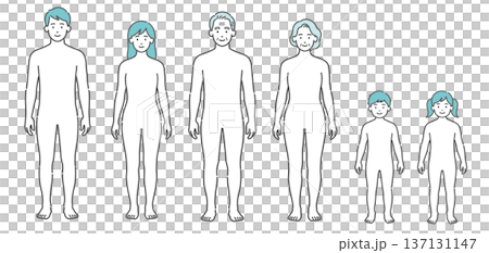 一套包含各年齡層（男性、女性、老年人、兒童）人體結構圖和全身模型的插圖集 137131147