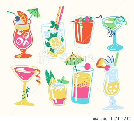 Cocktail Set Summer Party Hand Drawn Cocktail Set Summer Party Hand Drawn 137131236