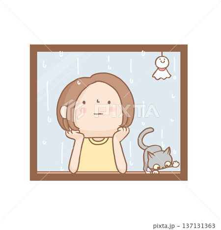 窓越しから外の雨を眺めている女子 137131363