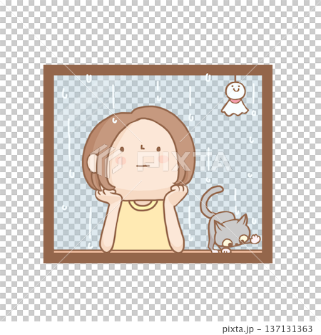 一個女孩透過窗戶看著外面的雨。 137131363