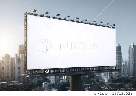 Blank white horizontal billboard on cityscape background at daytime, perspective view. Mockup, advertising concept Blank white horizontal billboard on cityscape background at daytime, perspective view. Mockup, advertising concept 137131528