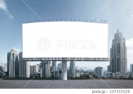 Blank white horizontal billboard on cityscape background at daytime, perspective view. Mockup, advertising concept Blank white horizontal billboard on cityscape background at daytime, perspective view. Mockup, advertising concept 137131529