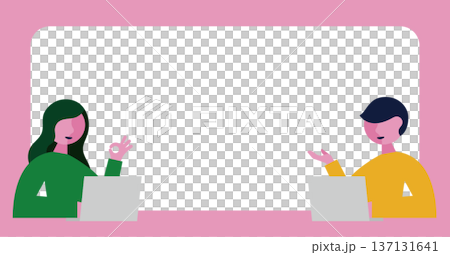 パソコンと男性・女性のフレームイラスト素材（横長） 137131641