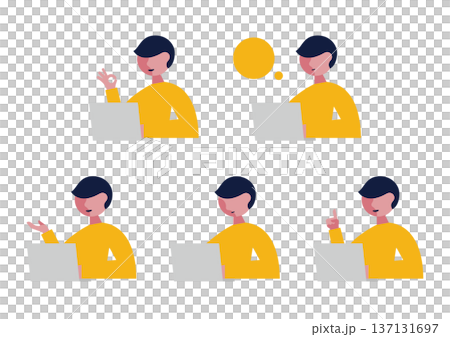 Illustration set of a man facing left and a computer Illustration set of a man facing left and a computer 137131697