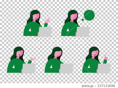 Illustration set of a woman facing right with a computer Illustration set of a woman facing right with a computer 137131698