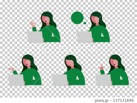 Illustration set of a woman facing left with a computer Illustration set of a woman facing left with a computer 137131699