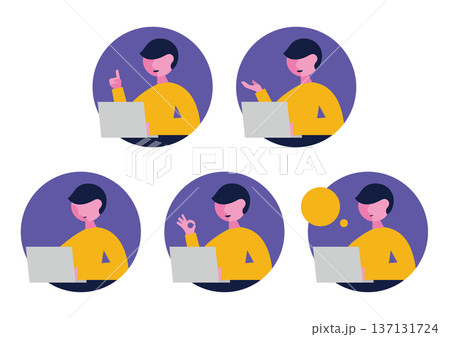 パソコンと左向き男性のアイコンイラストセット（正円） 137131724