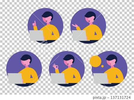 パソコンと左向き男性のアイコンイラストセット（正円） 137131724