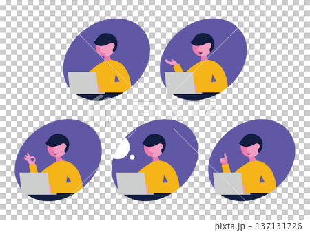 パソコンと左向き男性のアイコンイラストセット(楕円) パソコンと左向き男性のアイコンイラストセット(楕円) 137131726