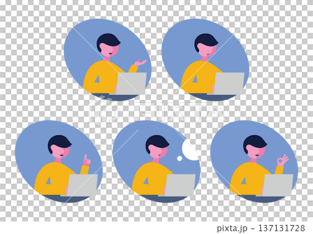 Icon illustration set of a computer and a man facing right (oval) Icon illustration set of a computer and a man facing right (oval) 137131728