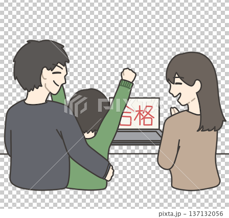 パソコンで合格を見て喜ぶ小学生と両親 137132056