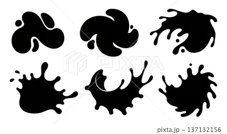 Black Solid Abstract Liquid Splash Silhouettes Set of Six on White Background 137132156