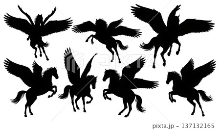 Black Solid Aerial Dance Pegasus Silhouettes Set of Six on White Background 137132165