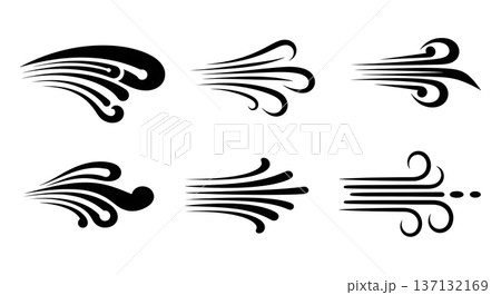 Black Solid Aerodynamic Air Current Silhouettes Set of Six on White Background Black Solid Aerodynamic Air Current Silhouettes Set of Six on White Background 137132169