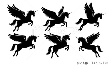 Black Solid Winged Unicorn Alicorn Silhouettes Set of Six on White Background Black Solid Winged Unicorn Alicorn Silhouettes Set of Six on White Background 137132176