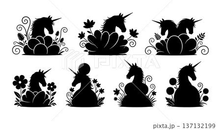 Black Solid Hidden Garden Unicorn Silhouettes Set of Six on White Background Black Solid Hidden Garden Unicorn Silhouettes Set of Six on White Background 137132199
