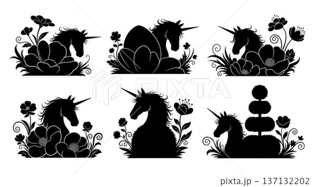 Black Solid Hidden Garden Unicorn Silhouettes Set of Six on White Background Black Solid Hidden Garden Unicorn Silhouettes Set of Six on White Background 137132202