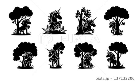 Black Solid Hiding Forest Unicorn Silhouettes Set of Six on White Background 137132206