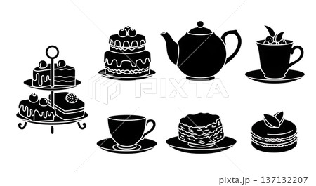 Black Solid High Tea Silhouettes Set of Six on White Background 137132207