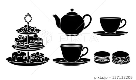 Black Solid High Tea Silhouettes Set of Six on White Background 137132209