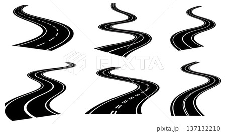 Black Solid Winding Road Silhouettes Set of Six on White Background Black Solid Winding Road Silhouettes Set of Six on White Background 137132210